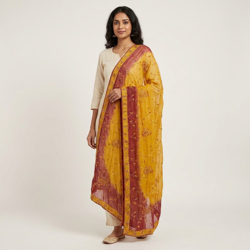 Sanskriti Vintage Yellow Pure Georgette Silk Dupatta Embroidered Beaded Zari DIY