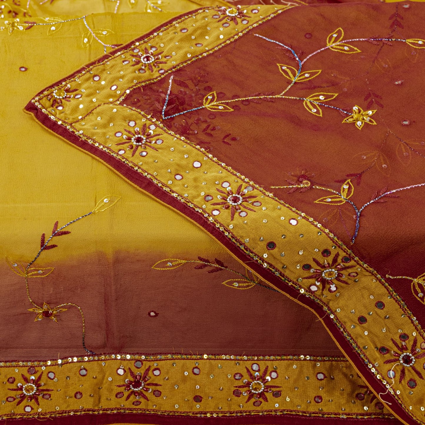 Sanskriti Vintage Yellow Pure Georgette Silk Dupatta Embroidered Beaded Zari DIY