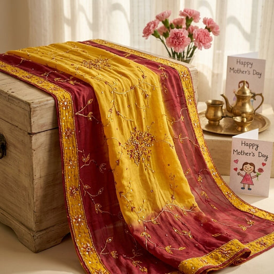 Sanskriti Vintage Yellow Pure Georgette Silk Dupatta Embroidered Beaded Zari DIY