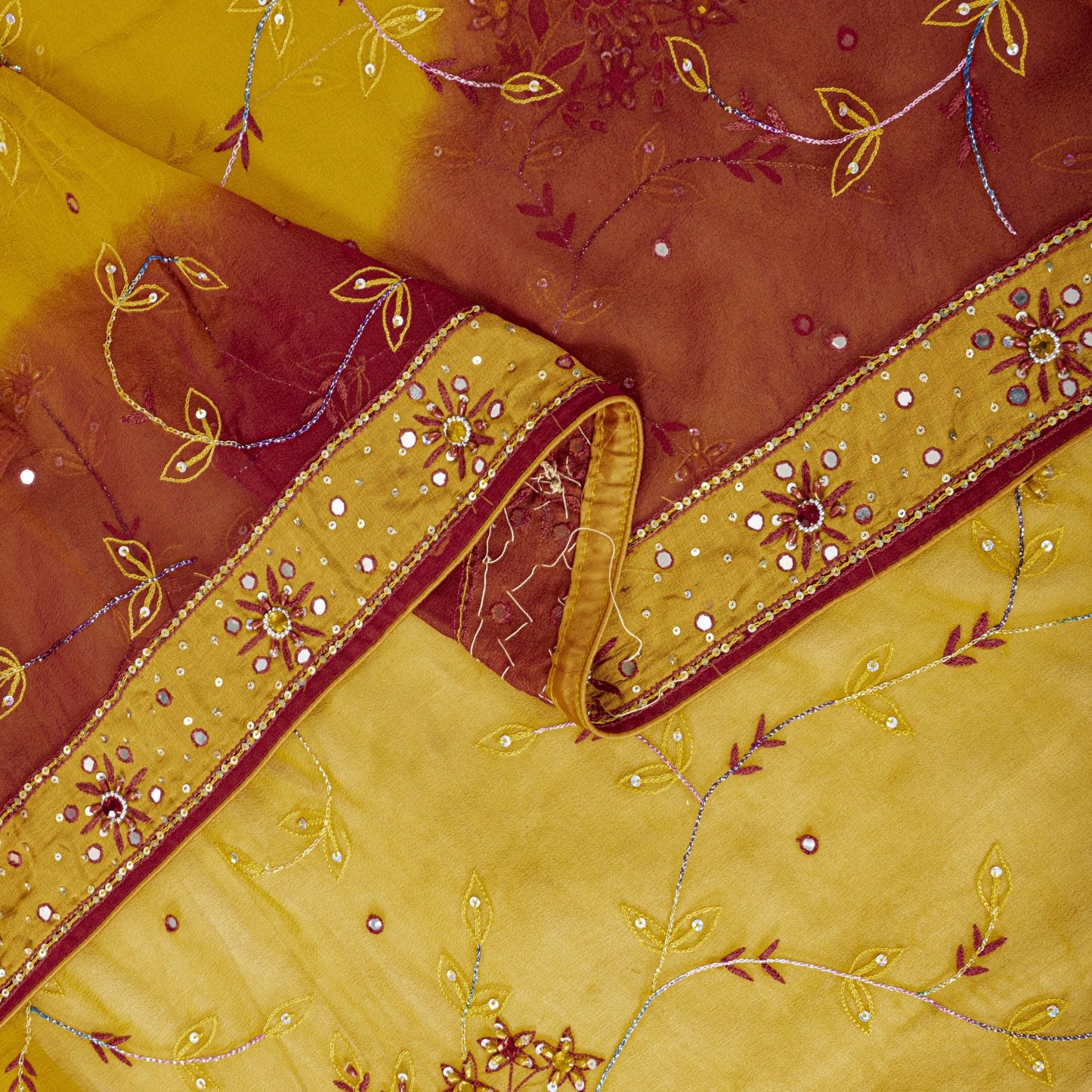 Sanskriti Vintage Yellow Pure Georgette Silk Dupatta Embroidered Beaded Zari DIY