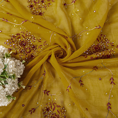 Sanskriti Vintage Yellow Pure Georgette Silk Dupatta Embroidered Beaded Zari DIY