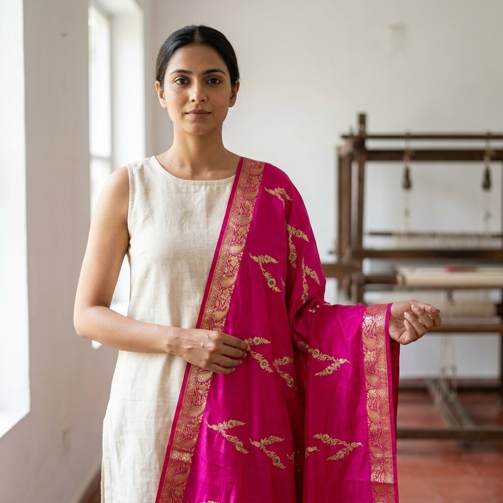 Sanskriti Vintage Pink Art Silk Dupatta Embroidered Floral Zari Border Stole DIY