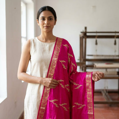 Sanskriti Vintage Pink Art Silk Dupatta Embroidered Floral Zari Border Stole DIY