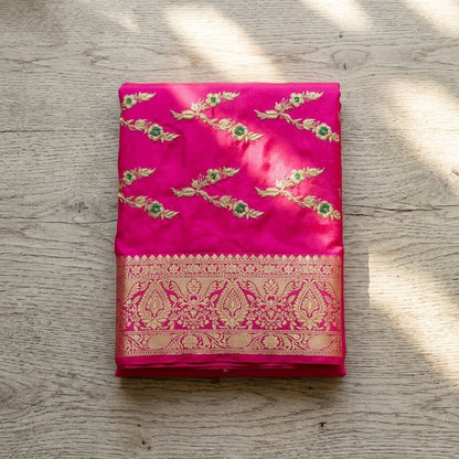 Sanskriti Vintage Pink Art Silk Dupatta Embroidered Floral Zari Border Stole DIY