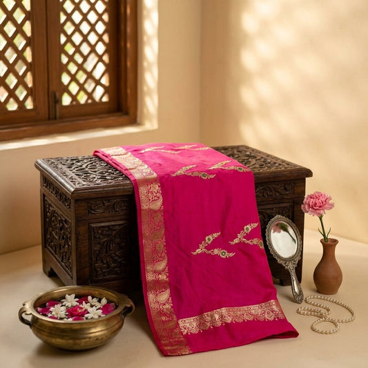 Sanskriti Vintage Pink Art Silk Dupatta Embroidered Floral Zari Border Stole DIY