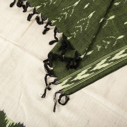 Sanskriti Vintage White Pure Cotton Dupatta/Stole Ikat Handwoven Indian Veil