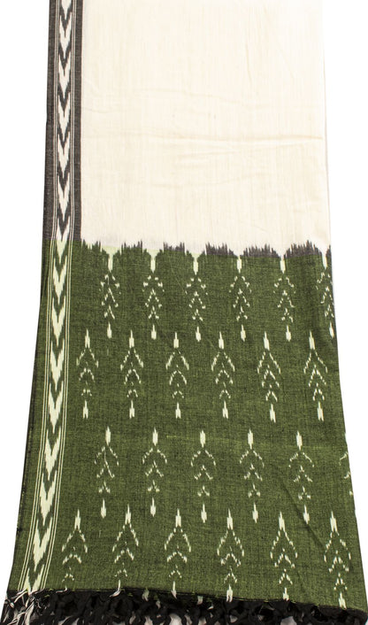 Sanskriti Vintage White Pure Cotton Dupatta/Stole Ikat Handwoven Indian Veil