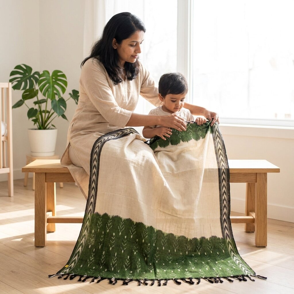 Sanskriti Vintage White Pure Cotton Dupatta/Stole Ikat Handwoven Indian Veil
