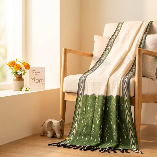 Sanskriti Vintage White Pure Cotton Dupatta/Stole Ikat Handwoven Indian Veil