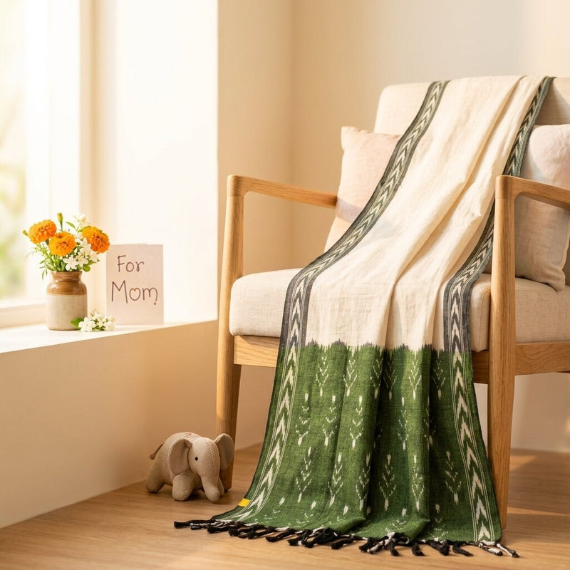 Sanskriti Vintage White Pure Cotton Dupatta/Stole Ikat Handwoven Indian Veil