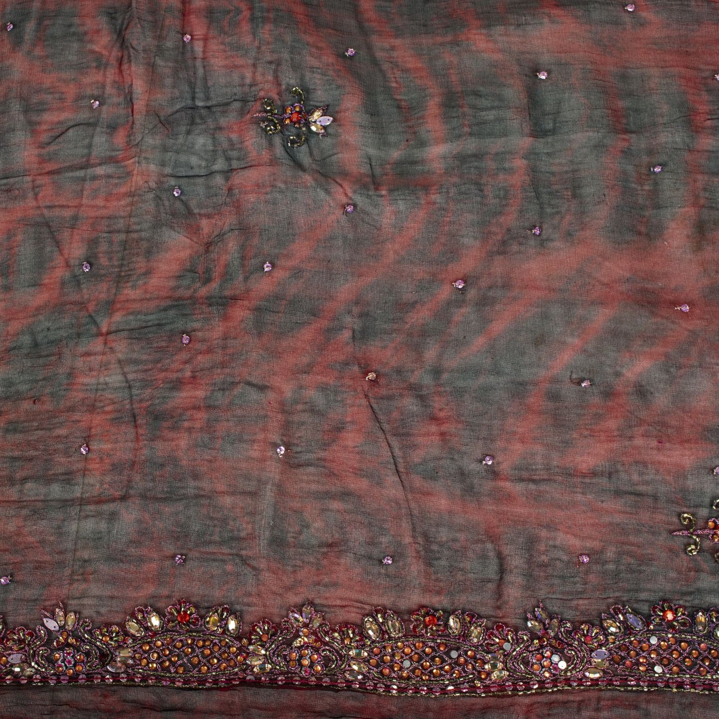 Sanskriti Vintage Black Pure Chiffon Silk Dupatta/Stole Tie-Dye Hand Beaded Veil