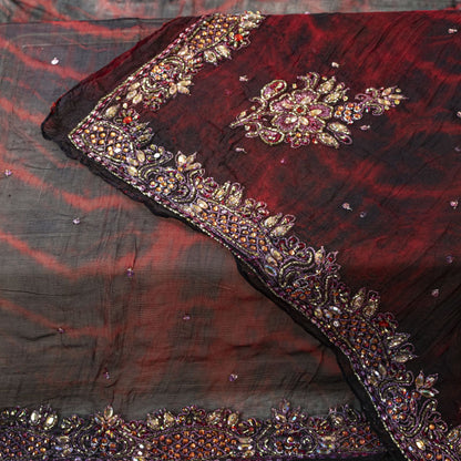 Sanskriti Vintage Black Pure Chiffon Silk Dupatta/Stole Tie-Dye Hand Beaded Veil