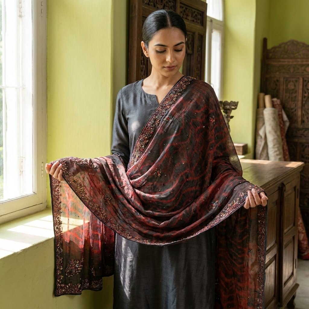 Sanskriti Vintage Black Pure Chiffon Silk Dupatta/Stole Tie-Dye Hand Beaded Veil