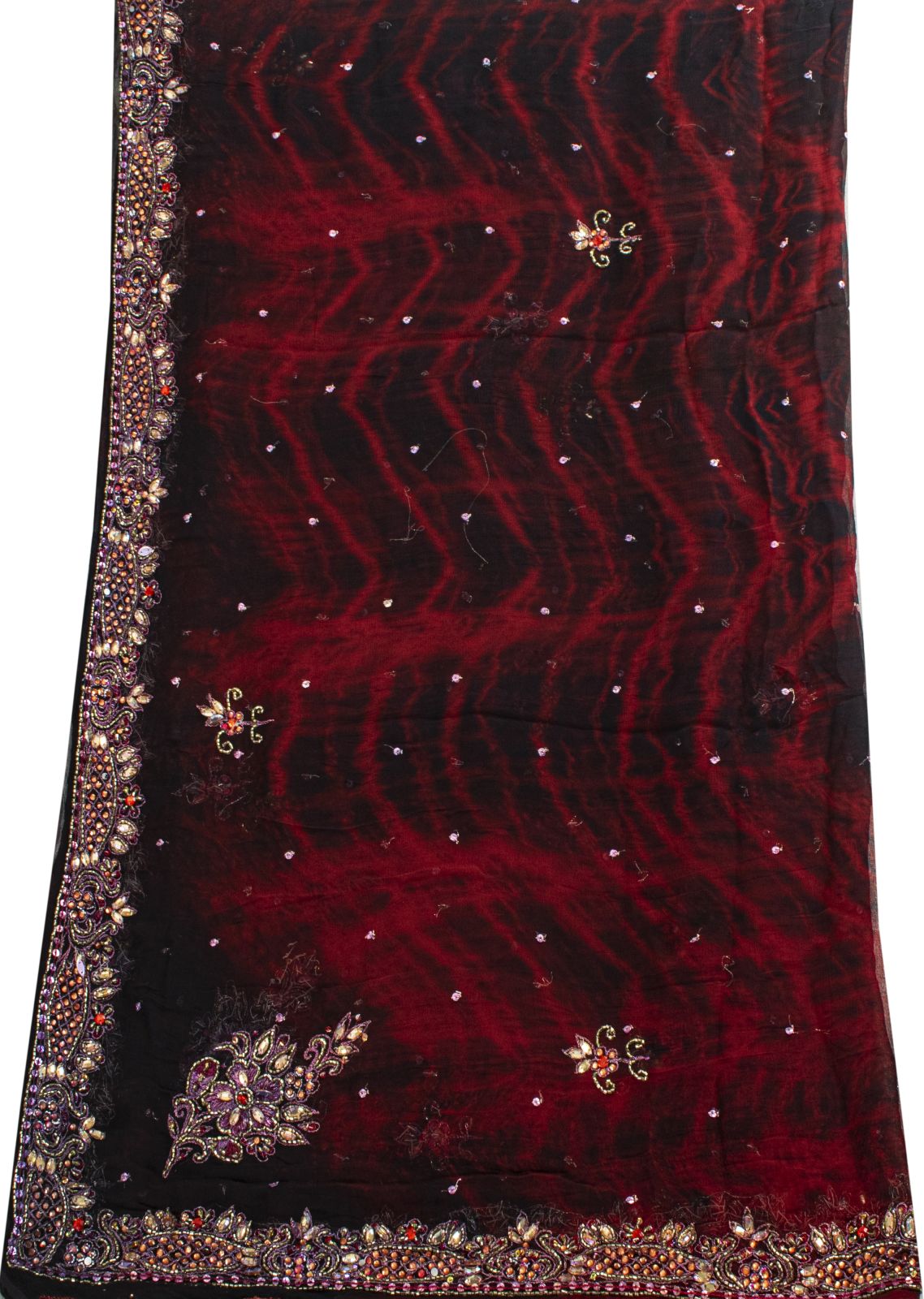 Sanskriti Vintage Black Pure Chiffon Silk Dupatta/Stole Tie-Dye Hand Beaded Veil