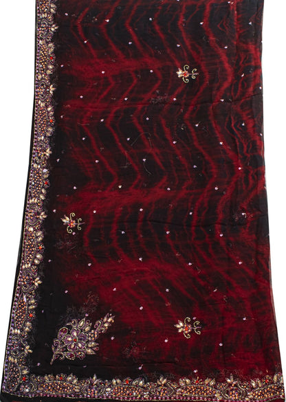 Sanskriti Vintage Black Pure Chiffon Silk Dupatta/Stole Tie-Dye Hand Beaded Veil
