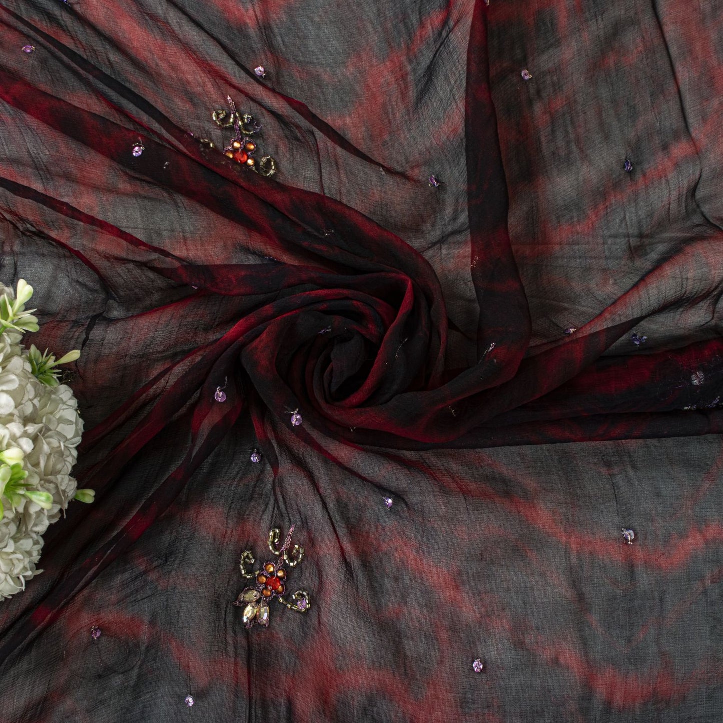 Sanskriti Vintage Black Pure Chiffon Silk Dupatta/Stole Tie-Dye Hand Beaded Veil
