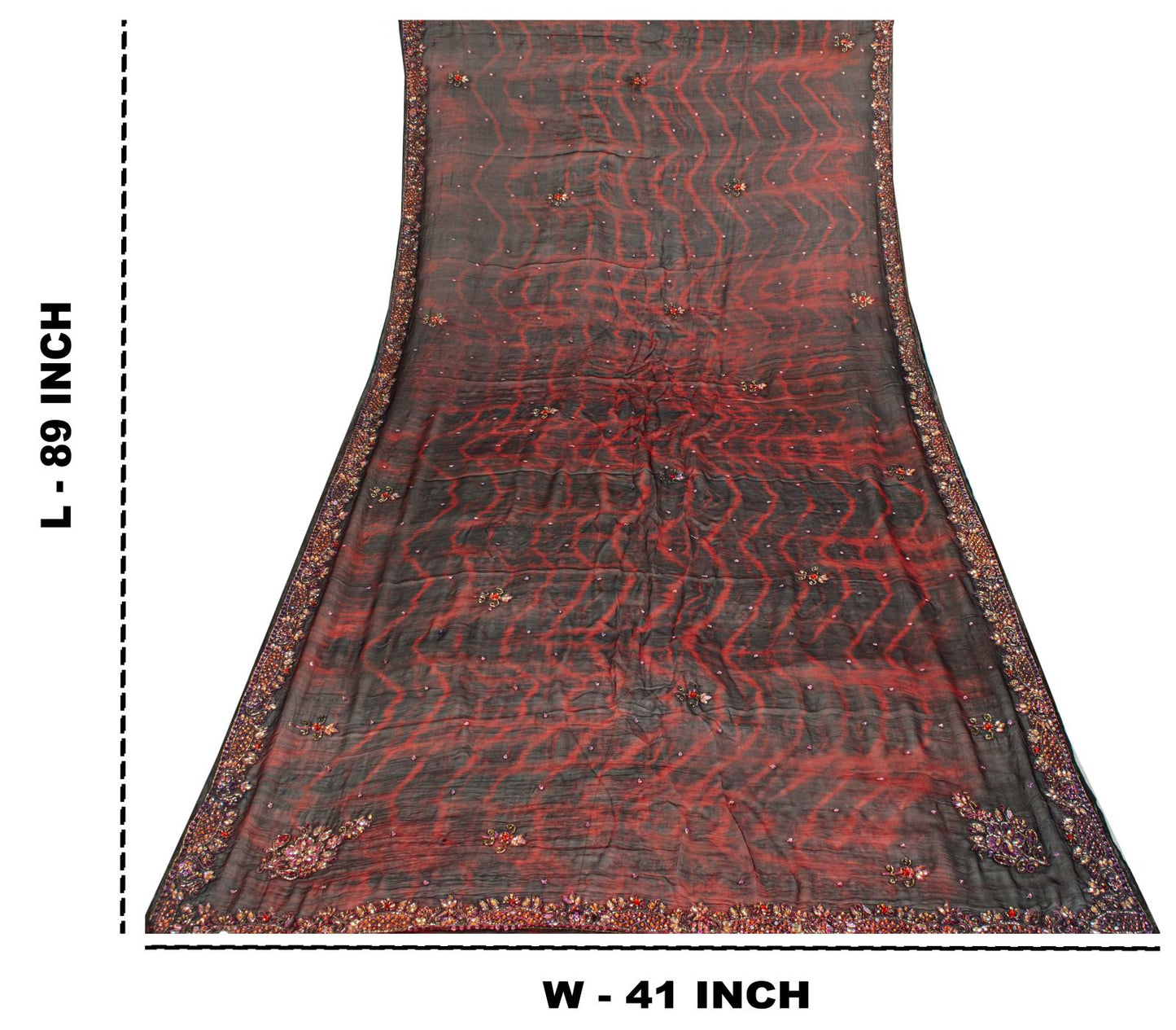 Sanskriti Vintage Black Pure Chiffon Silk Dupatta/Stole Tie-Dye Hand Beaded Veil