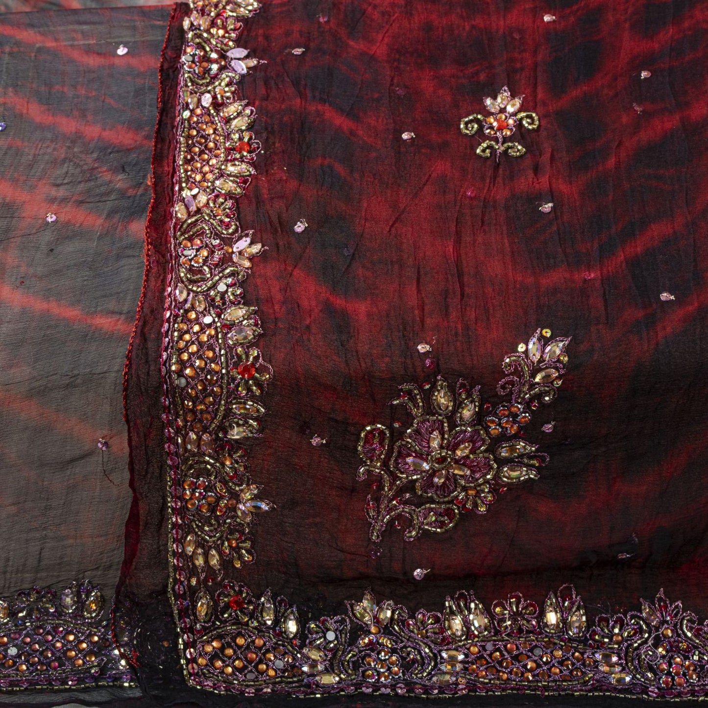 Sanskriti Vintage Black Pure Chiffon Silk Dupatta/Stole Tie-Dye Hand Beaded Veil