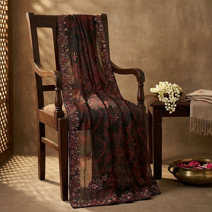 Sanskriti Vintage Black Pure Chiffon Silk Dupatta/Stole Tie-Dye Hand Beaded Veil