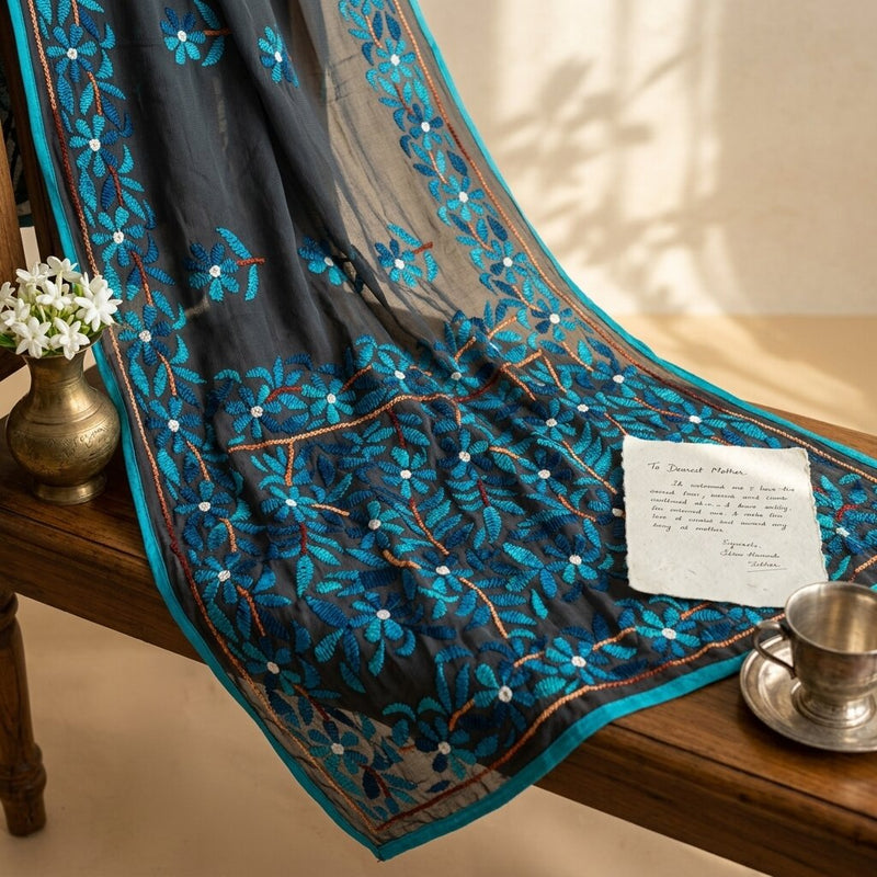 Sanskriti Vintage Black Pure Georgette Dupatta Embroidered Floral Border Stole