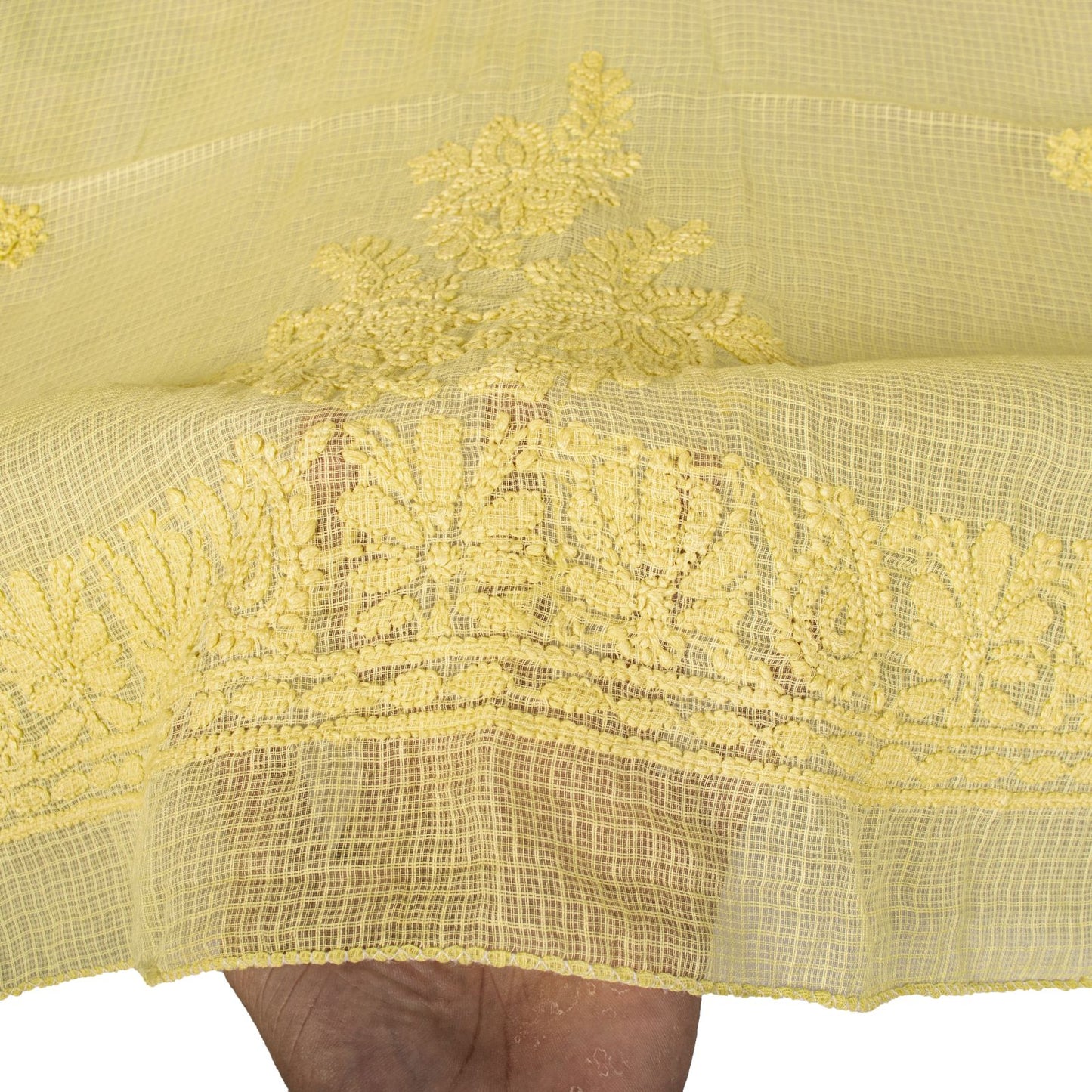 Sanskriti Vintage Yellow Pure Cotton Kota WovenDupatta/Stole Handmade Chikankari
