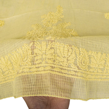 Sanskriti Vintage Yellow Pure Cotton Kota WovenDupatta/Stole Handmade Chikankari