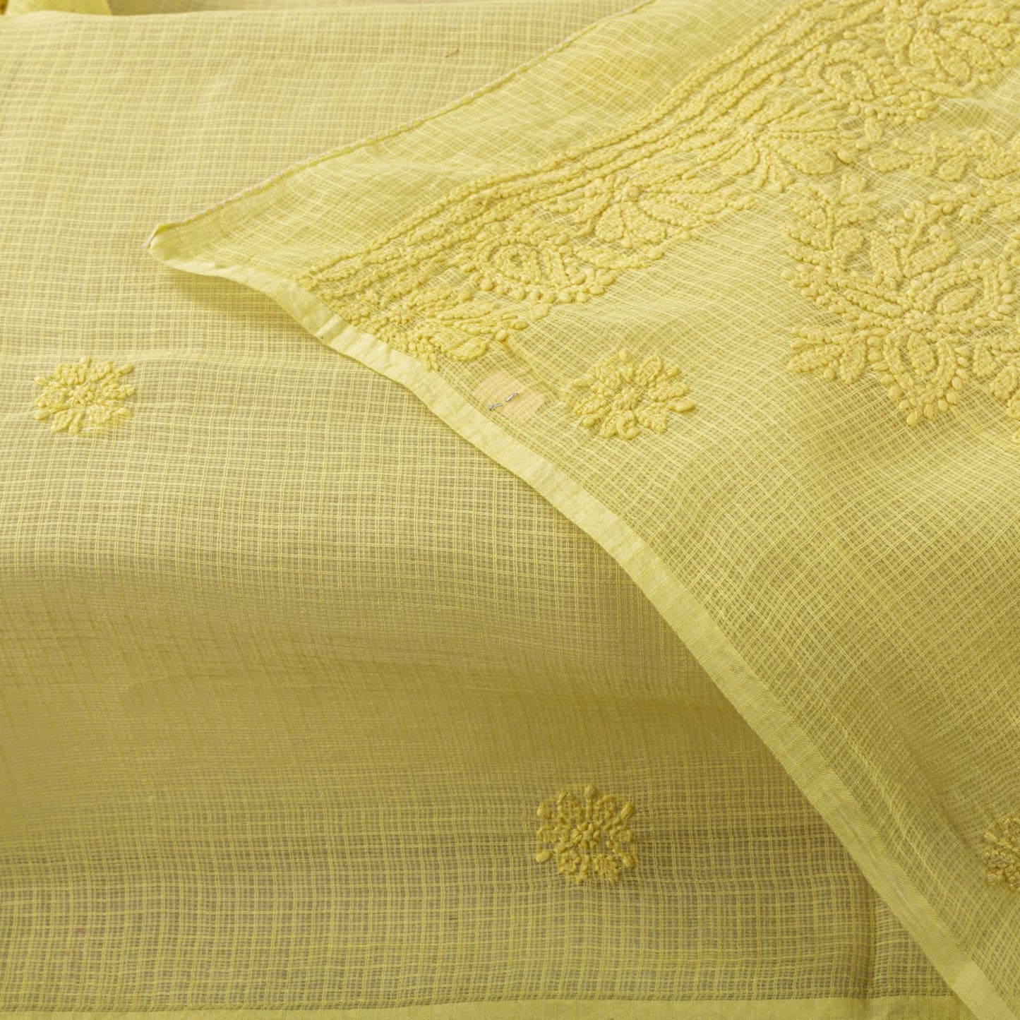 Sanskriti Vintage Yellow Pure Cotton Kota WovenDupatta/Stole Handmade Chikankari