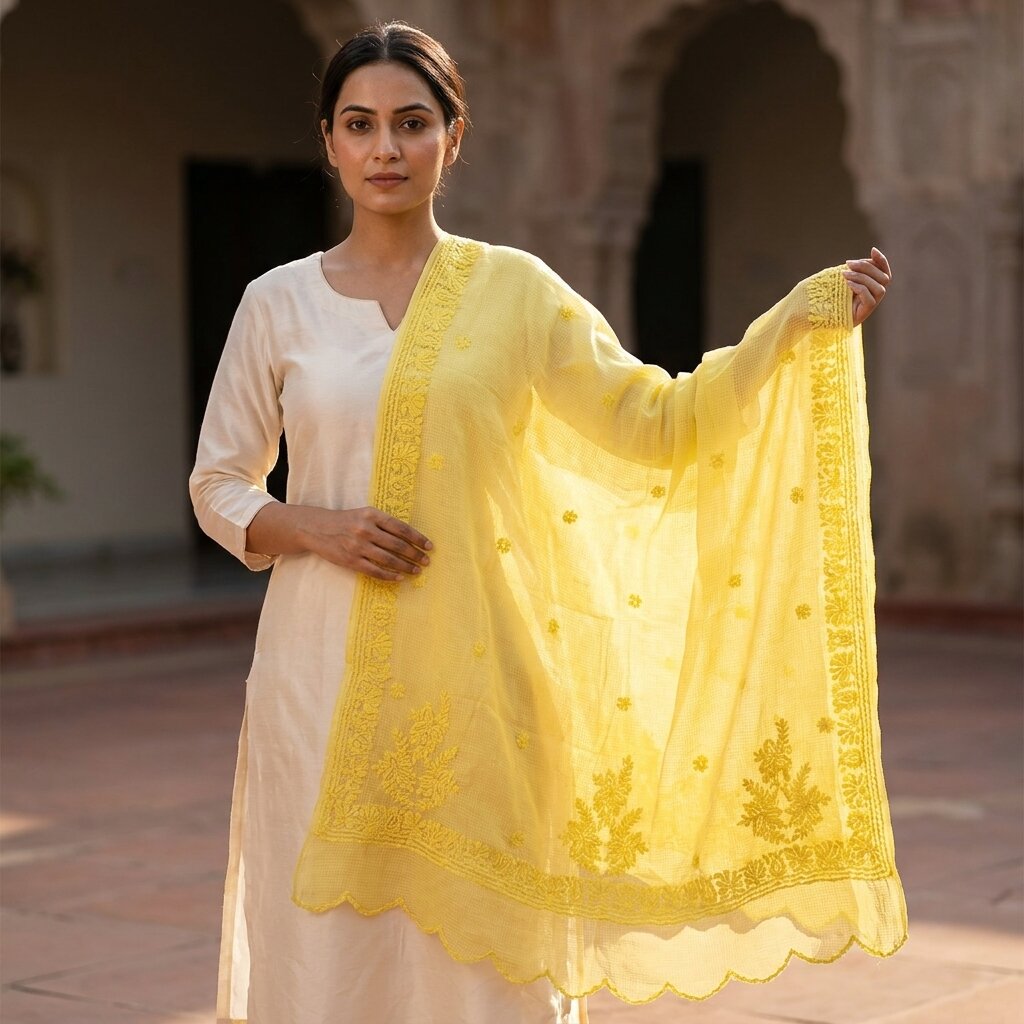 Sanskriti Vintage Yellow Pure Cotton Kota WovenDupatta/Stole Handmade Chikankari