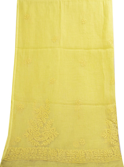 Sanskriti Vintage Yellow Pure Cotton Kota WovenDupatta/Stole Handmade Chikankari