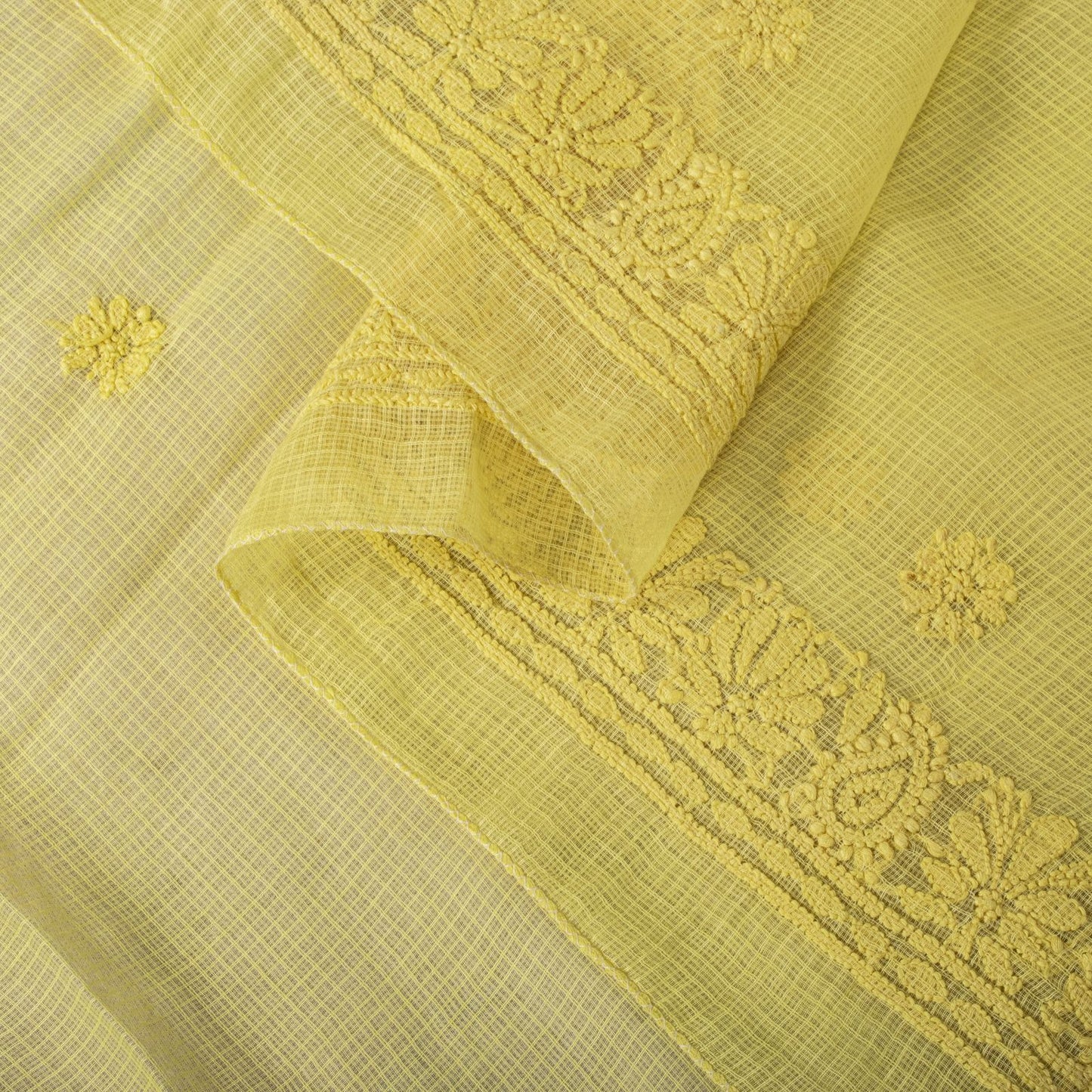 Sanskriti Vintage Yellow Pure Cotton Kota WovenDupatta/Stole Handmade Chikankari