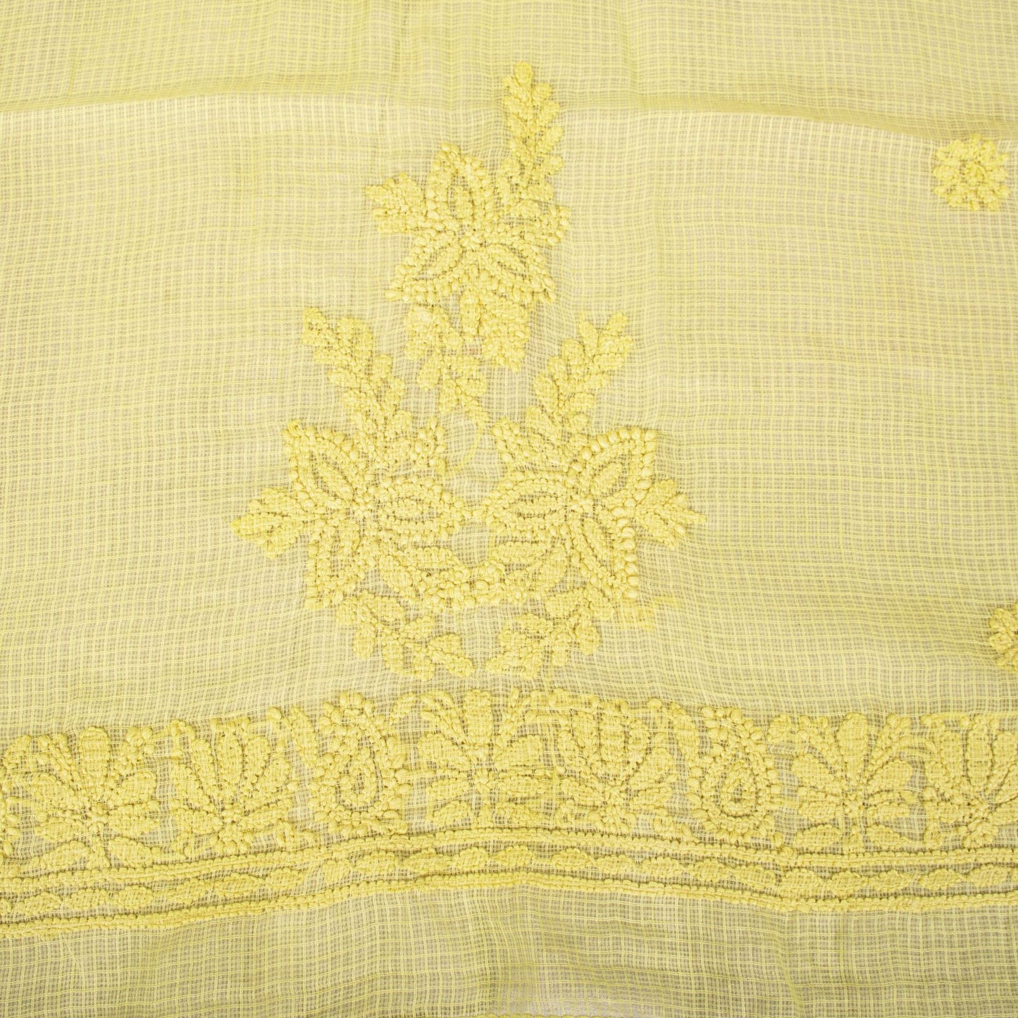 Sanskriti Vintage Yellow Pure Cotton Kota WovenDupatta/Stole Handmade Chikankari
