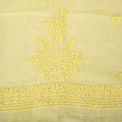 Sanskriti Vintage Yellow Pure Cotton Kota WovenDupatta/Stole Handmade Chikankari