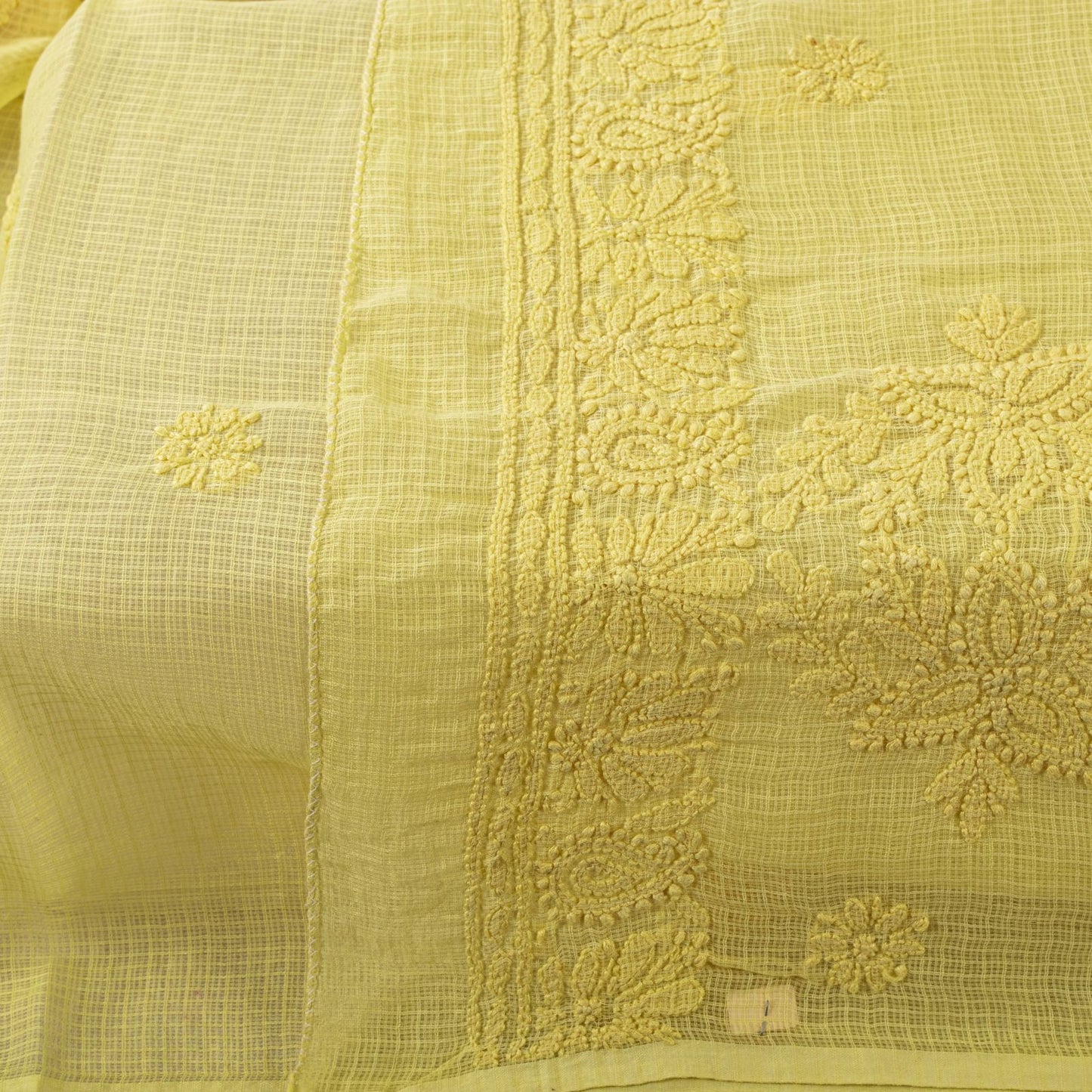 Sanskriti Vintage Yellow Pure Cotton Kota WovenDupatta/Stole Handmade Chikankari