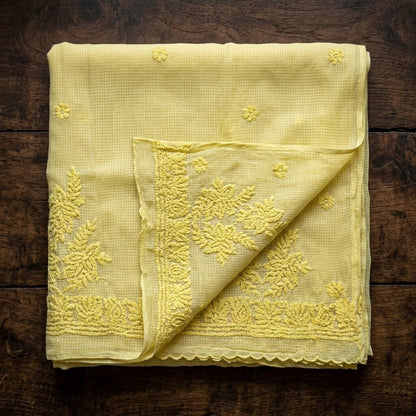 Sanskriti Vintage Yellow Pure Cotton Kota WovenDupatta/Stole Handmade Chikankari