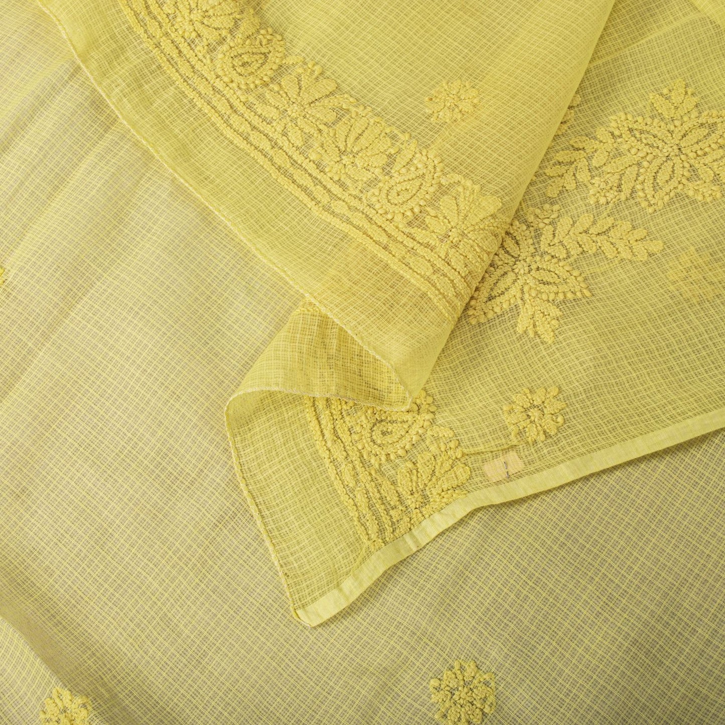 Sanskriti Vintage Yellow Pure Cotton Kota WovenDupatta/Stole Handmade Chikankari