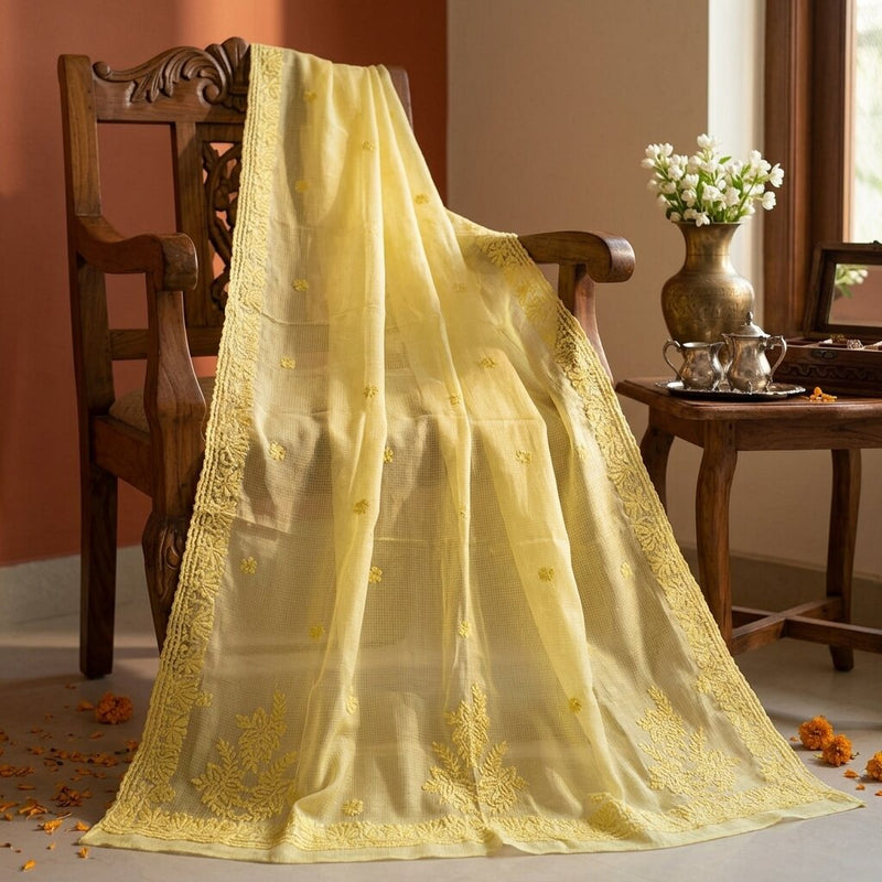 Sanskriti Vintage Yellow Pure Cotton Kota WovenDupatta/Stole Handmade Chikankari