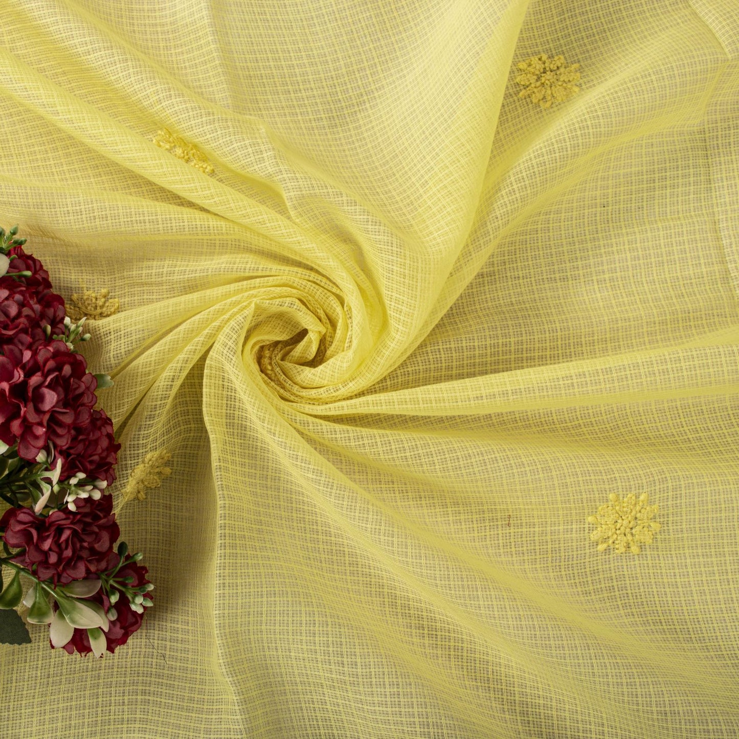Sanskriti Vintage Yellow Pure Cotton Kota WovenDupatta/Stole Handmade Chikankari