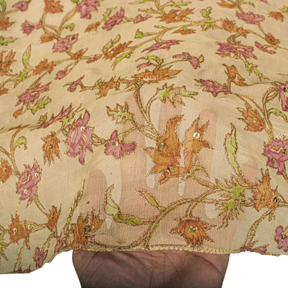 Sanskriti Vintage Cream Pure Chiffon Dupatta/Stole Embroidered Zari-Printed Veil