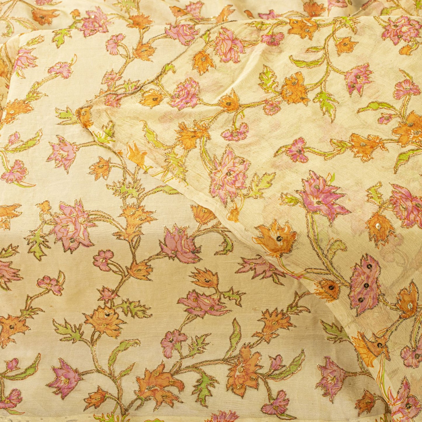 Sanskriti Vintage Cream Pure Chiffon Dupatta/Stole Embroidered Zari-Printed Veil