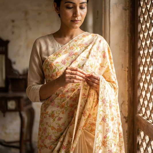 Sanskriti Vintage Cream Pure Chiffon Dupatta/Stole Embroidered Zari-Printed Veil