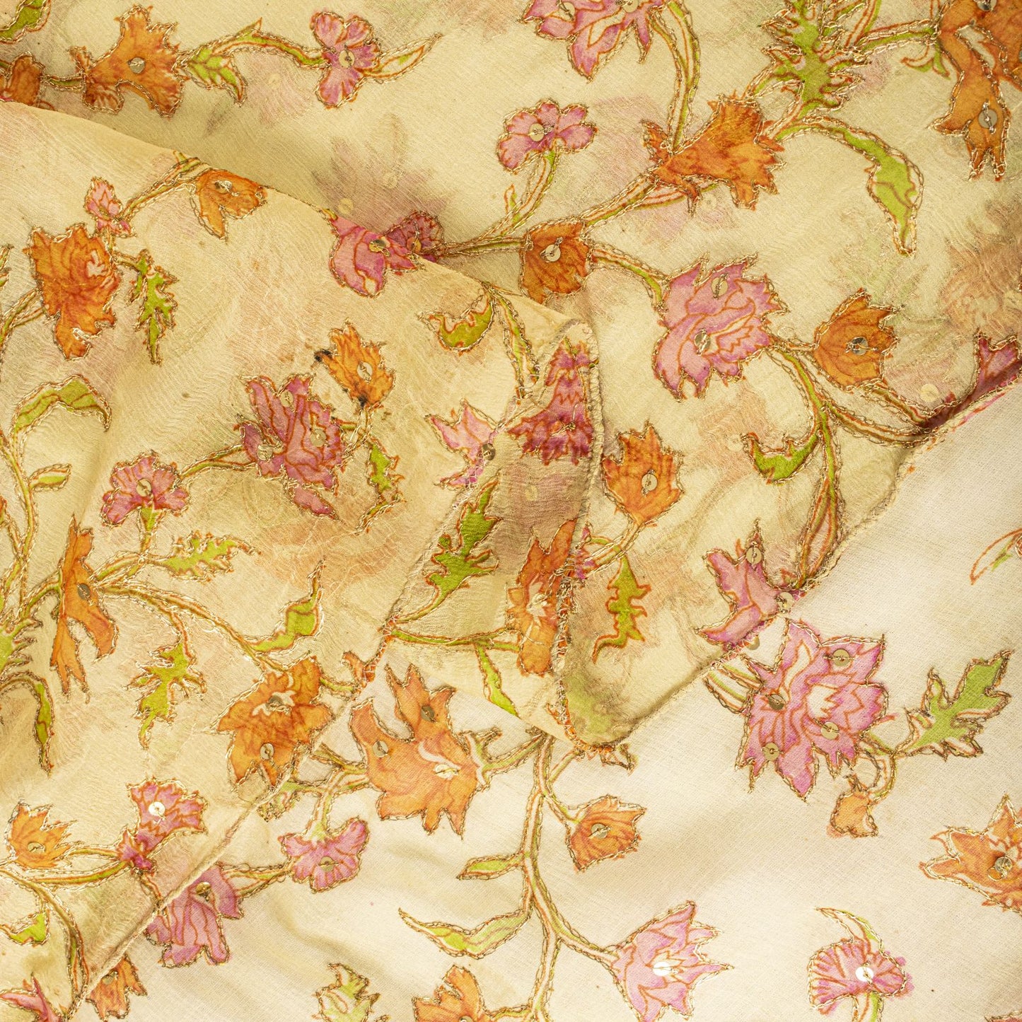 Sanskriti Vintage Cream Pure Chiffon Dupatta/Stole Embroidered Zari-Printed Veil