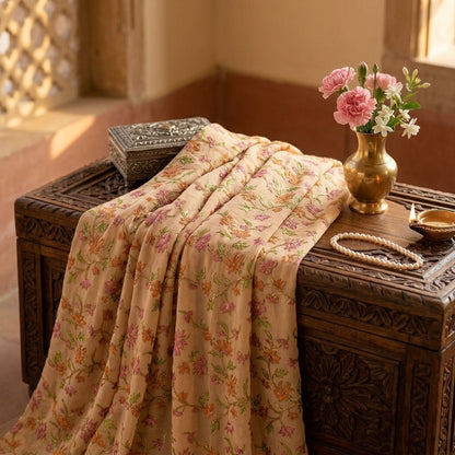 Sanskriti Vintage Cream Pure Chiffon Dupatta/Stole Embroidered Zari-Printed Veil