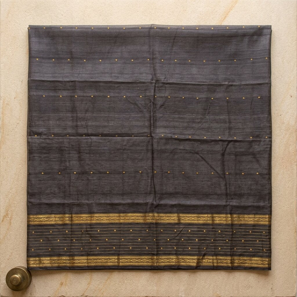 Sanskriti Vintage Black Cotton Silk Dupatta/Stole Chanderi Zari Hand Woven Veil