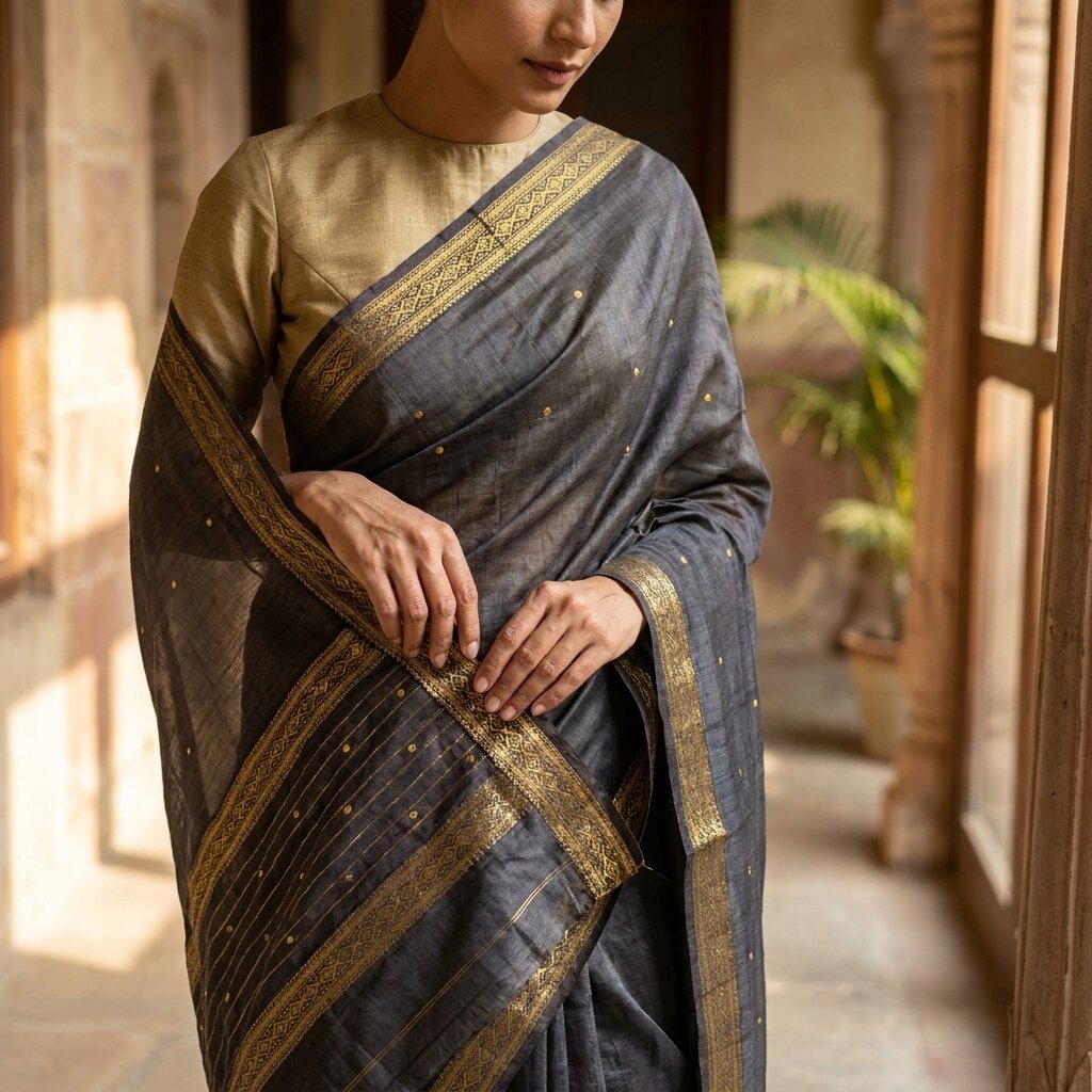 Sanskriti Vintage Black Cotton Silk Dupatta/Stole Chanderi Zari Hand Woven Veil