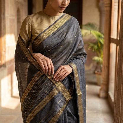 Sanskriti Vintage Black Cotton Silk Dupatta/Stole Chanderi Zari Hand Woven Veil