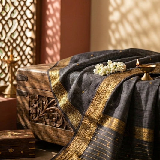 Sanskriti Vintage Black Cotton Silk Dupatta/Stole Chanderi Zari Hand Woven Veil