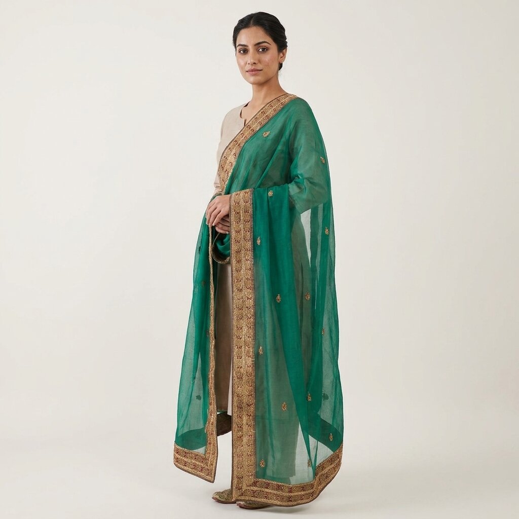 Sanskriti Vintage Green Pure Georgette Dupatta/Stole Embroidered Wedding Veil