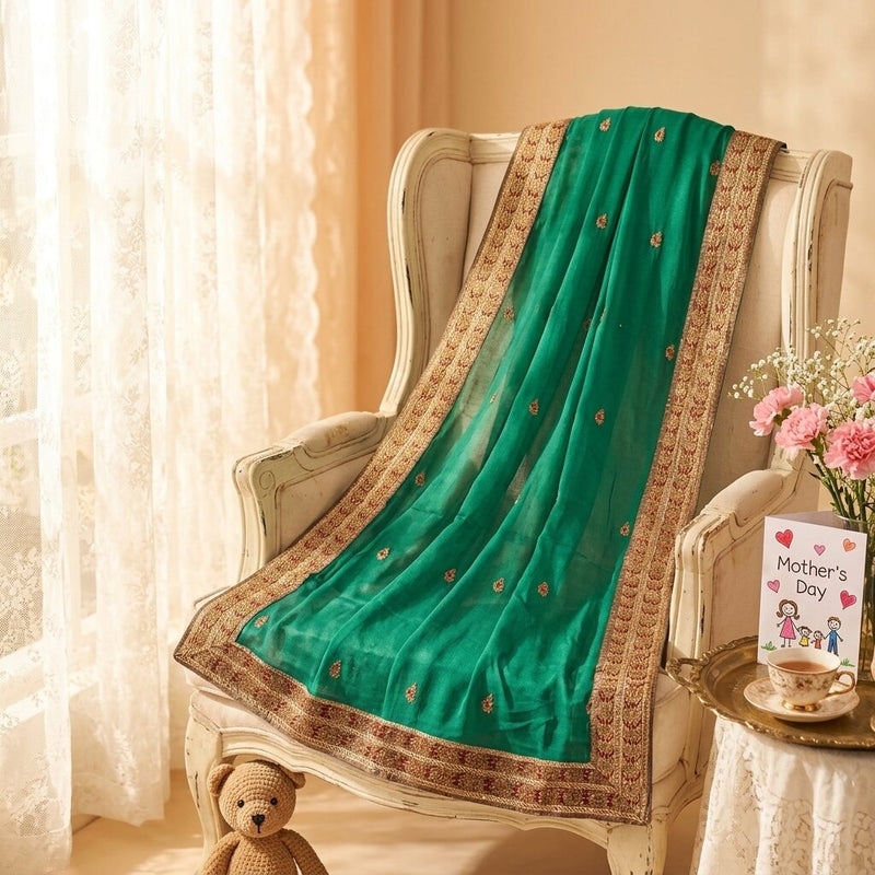 Sanskriti Vintage Green Pure Georgette Dupatta/Stole Embroidered Wedding Veil