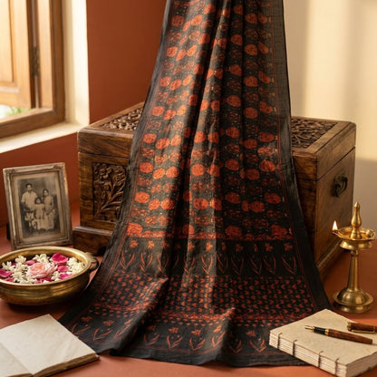 Sanskriti Vintage Black Pure Georgette Dupatta/Stole Floral Printed Indian Veil