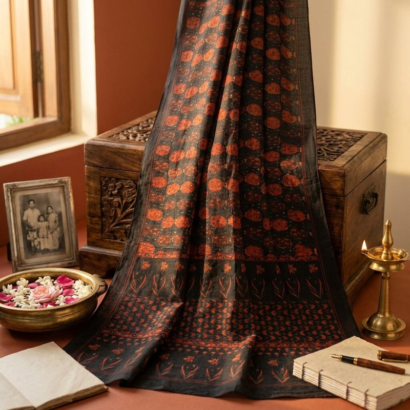 Sanskriti Vintage Black Pure Georgette Dupatta/Stole Floral Printed Indian Veil
